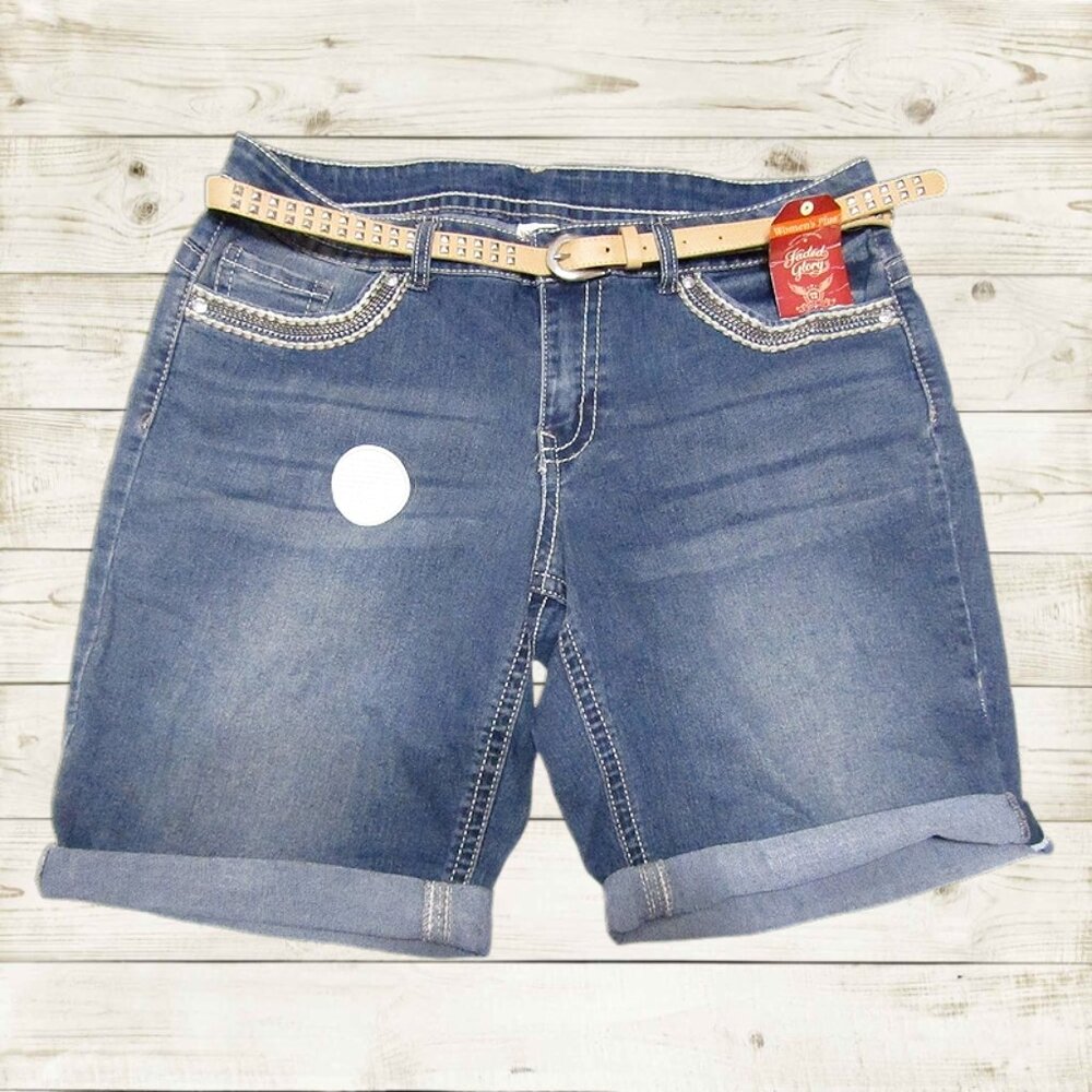 Faded Glory plus size 16W womens  denim shorts blue with belt NWT